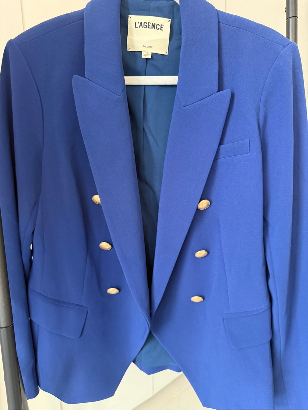 L'AGENCE Cobalt Blue Double-Breasted Blazer with Gold Buttons